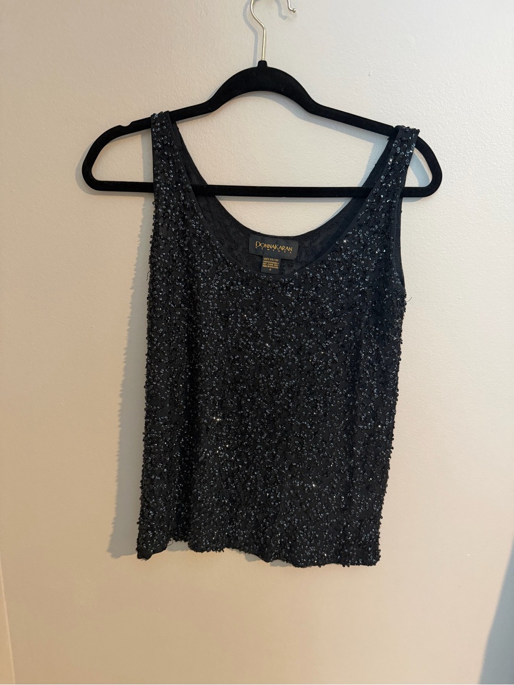 VTG Donna Karan New York Black Sequin Knit Tank Scoop Neck Sleeveless Women’s S